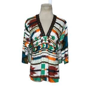 Sky vibrant colors silk 3/4 sleeves boho top size XS